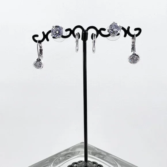 3 Pairs Shiny Silver Tone Post, Hinged Hoop, and Leaver Back Earrings - Picture 2 of 5